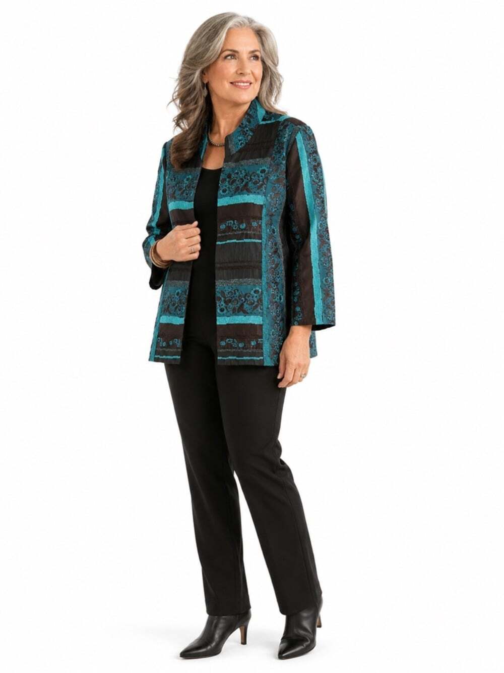 Picadilly Teal Black Patterned Open Front Jacket M Maximalist Art to Wear